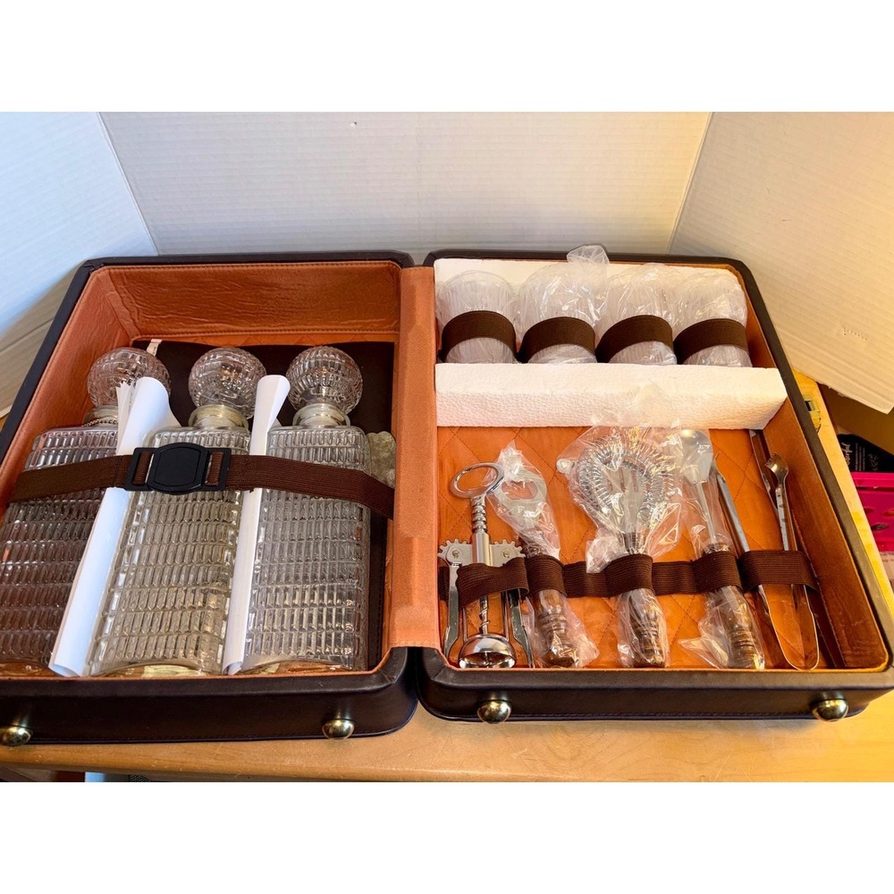 Vintage Destination Portable Travel Bar Set - MCM  3 Decanters & Bar Tools